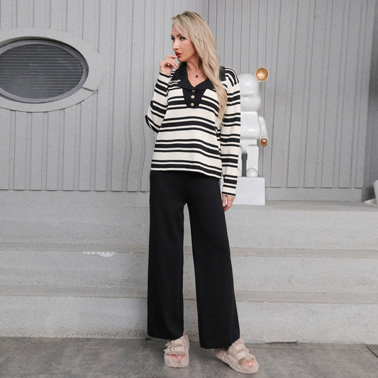 Women's Lapel POLO Knit Sweater Clashing Stripes Peplum Casual Design Knit Two Piece Set Women