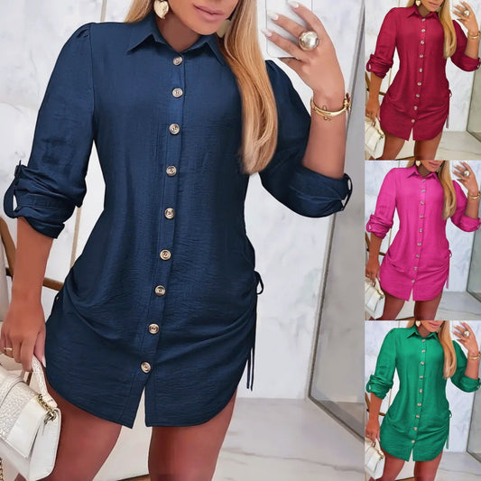 Women Roll Up Sleeve Classy Modern Mini Dress Button Down Shirt Dress Cover Up Solid Color Silky Dresses