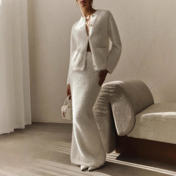Women's Fuzzy 2 Piece Sweater Sets Fluffy Button Down Long Sleeve Cardigan Bodycon Maxi Skirt Outfits