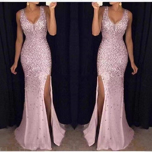 Women's Maxi V Neck Slit Heavy Gold Sequin Sleeveless Prom Evening Gown