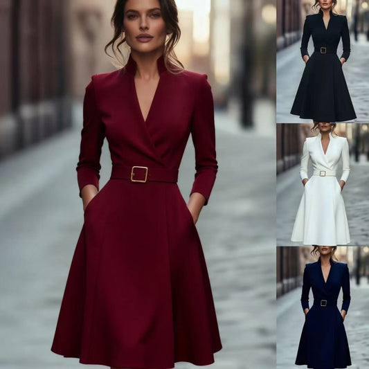 Women Refined Belted Sheath Business Dress Mandarin Collar Long Sleeve Elegant V Neck Dresses