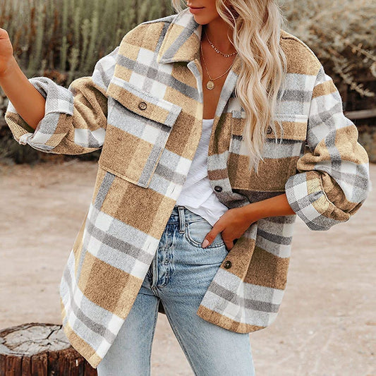 Womens Casual Plaid Button Down Long Sleeve Shirts Flannel Shacket Jacket Coats